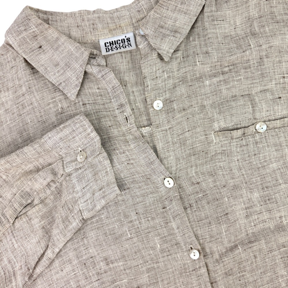 Chico's Women Size 3 Linen XL Button Down Shirt Long Sleeve Pocket Coastal Beach